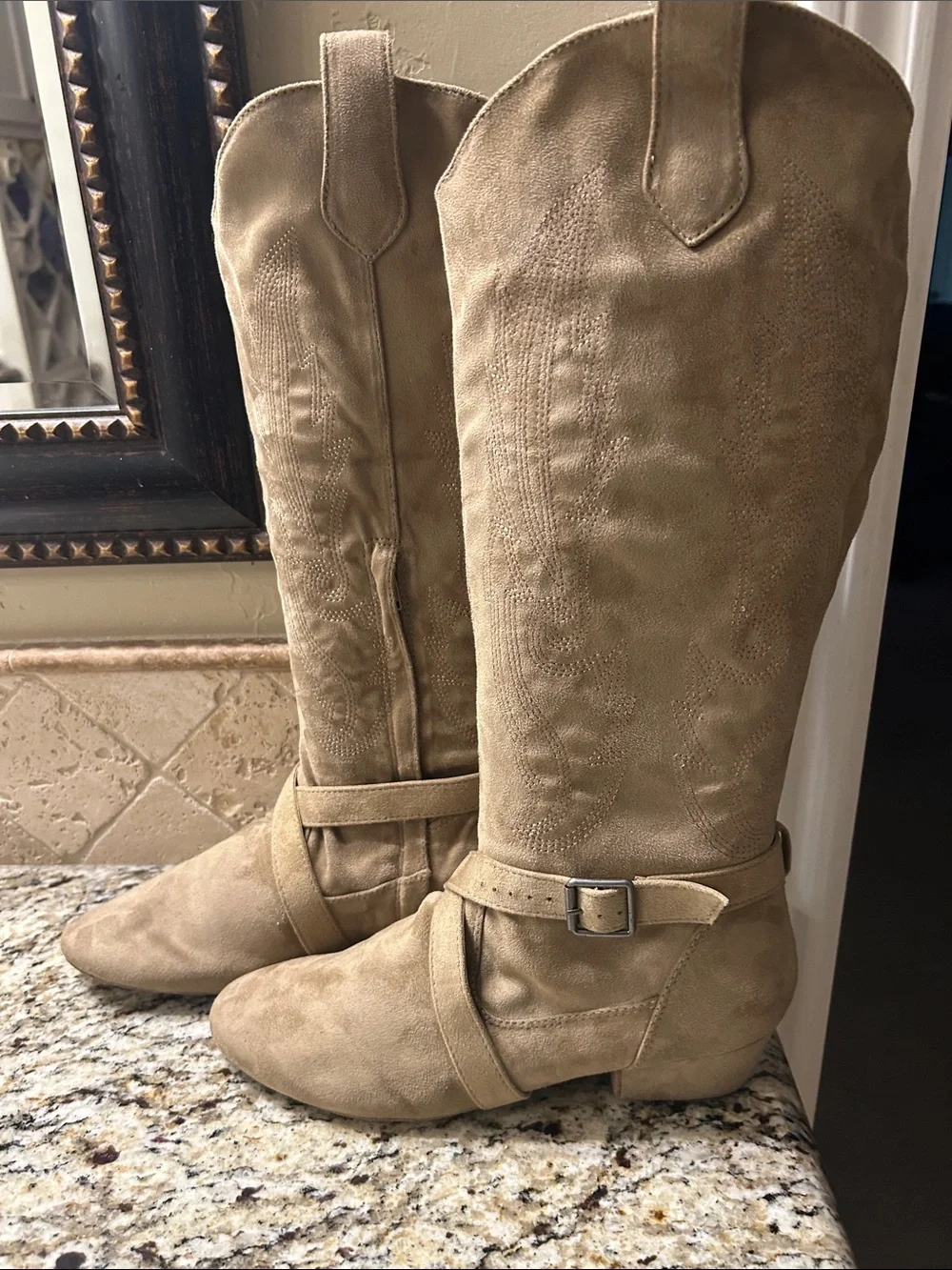 Jouncing’s Prescott Suede Sole Western Dance Boots in Beige with Buckle Detail